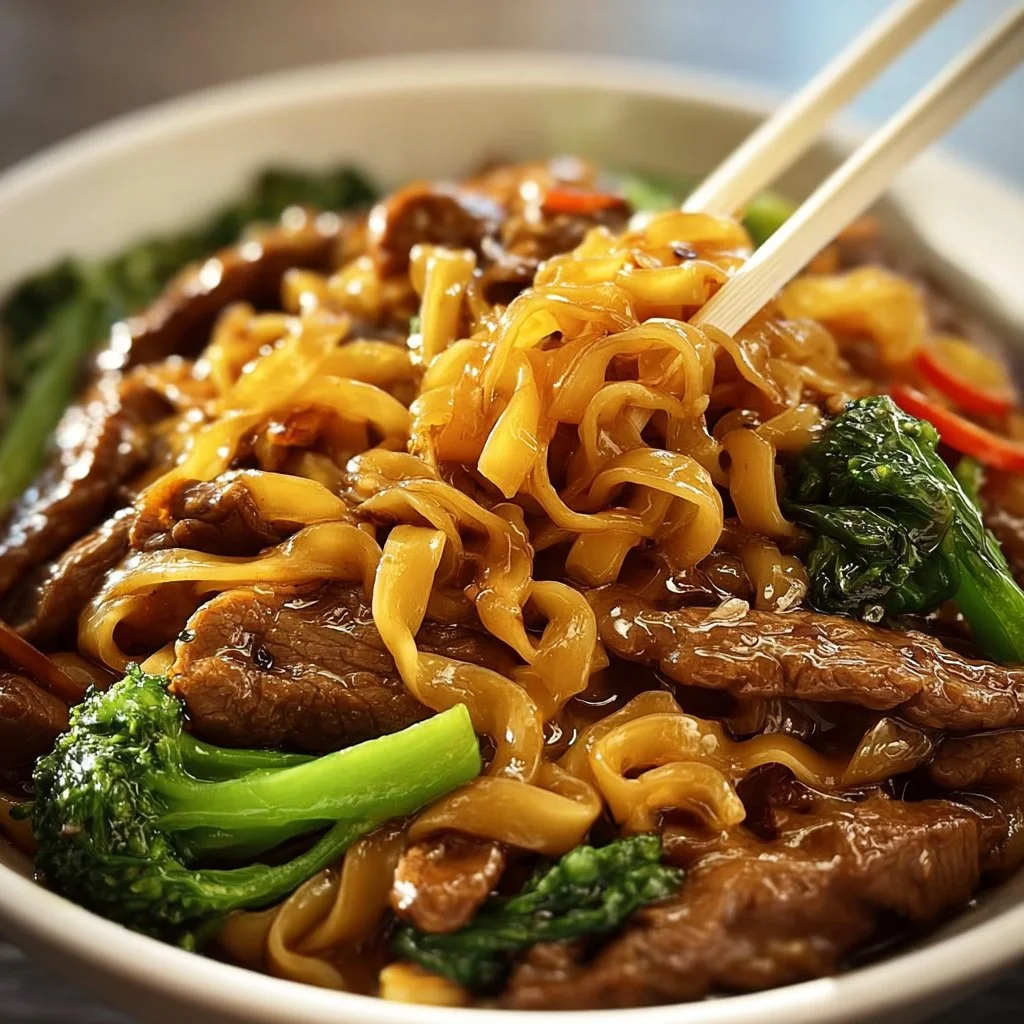 Delicious sticky beef noodles with tender beef and rich sauce