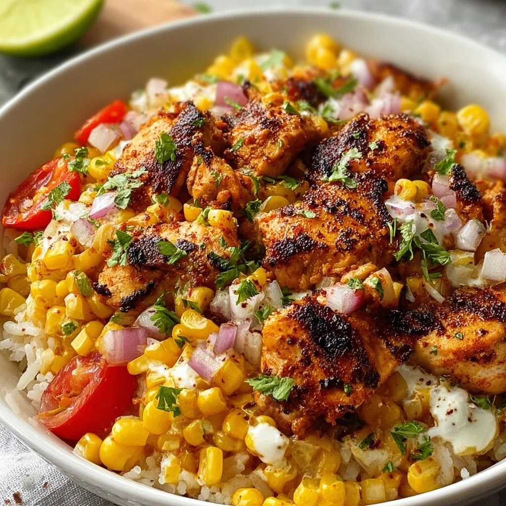 Delicious street corn chicken bowl topped with fresh ingredients.