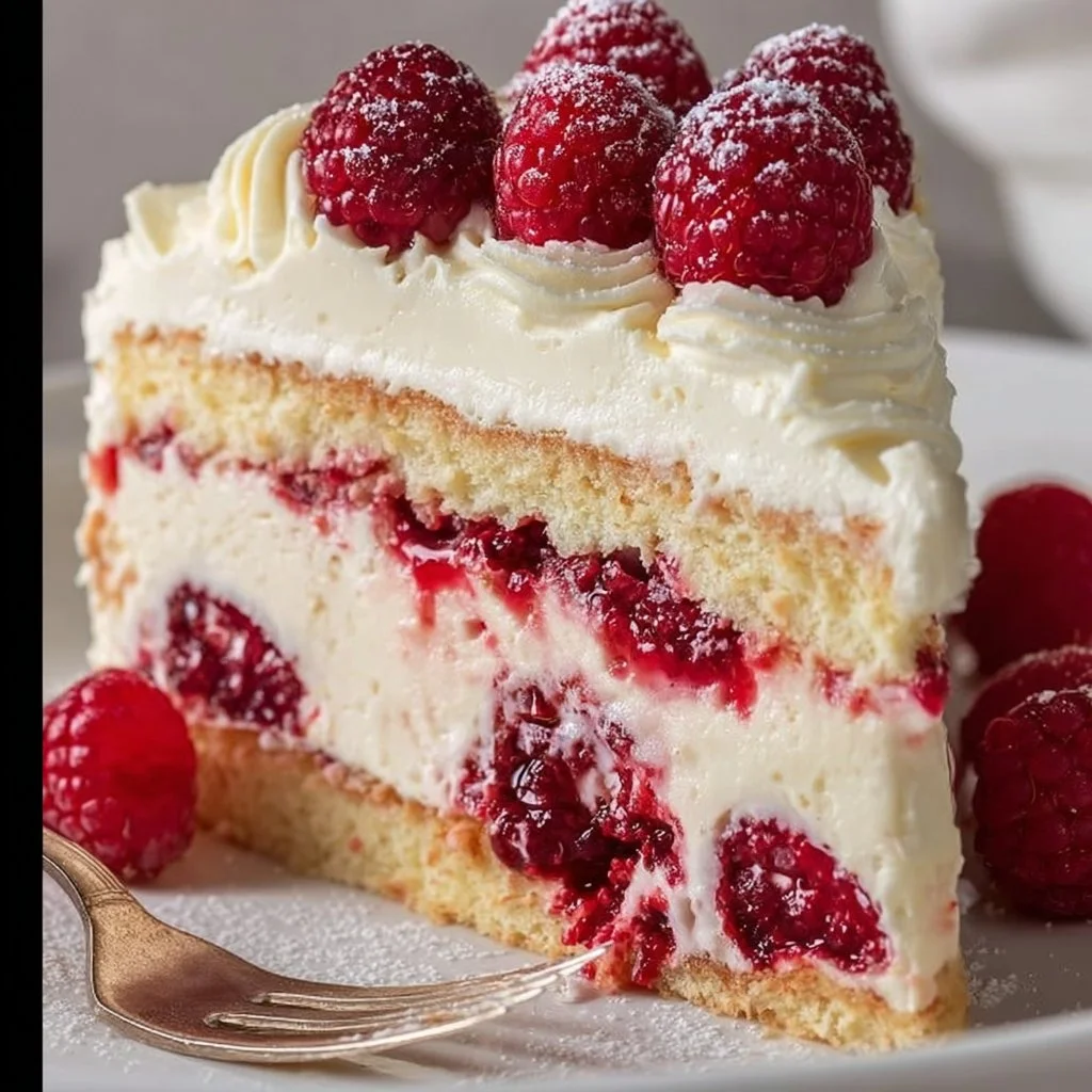Sliced White Chocolate Raspberry Cake with fresh raspberries on top