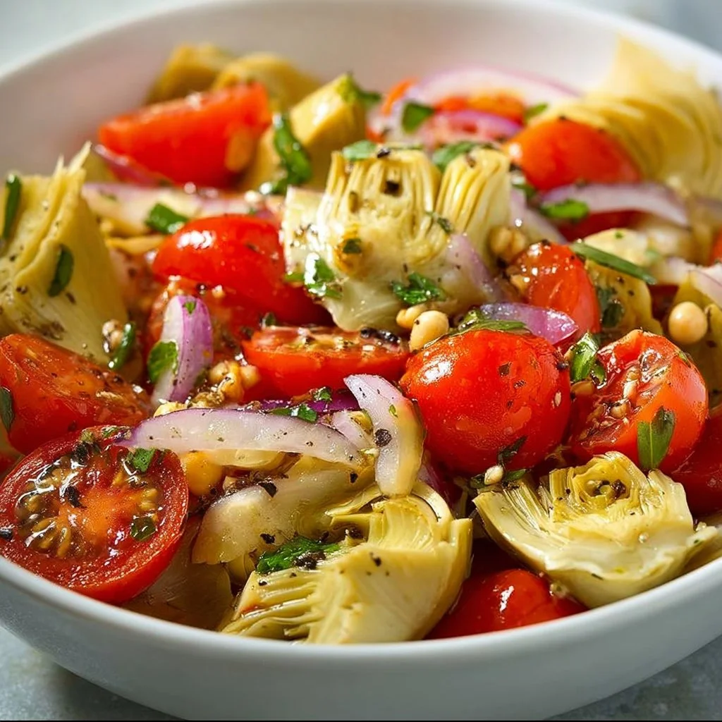 Fresh Artichoke Tomato Salad with greens and herbs