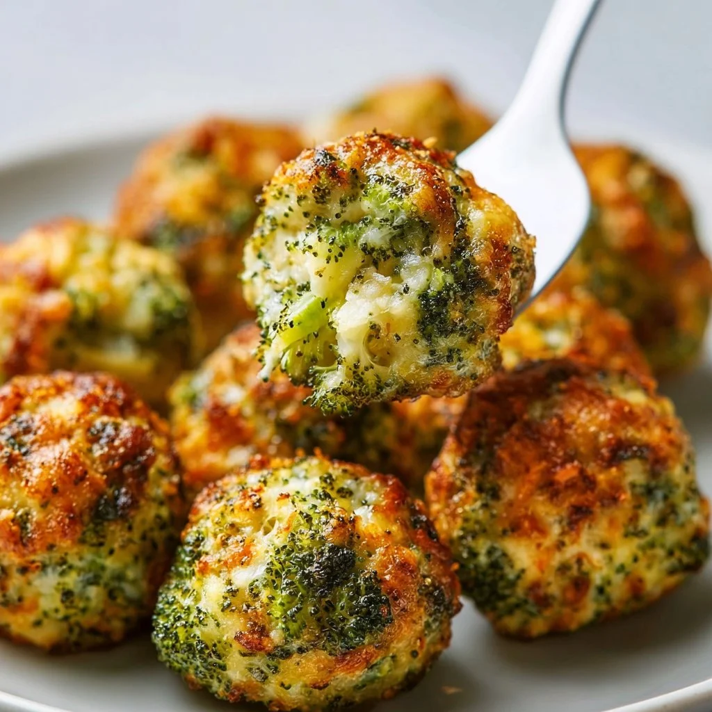 Baked broccoli cheese balls on a plate, garnished with herbs and served as a snack.
