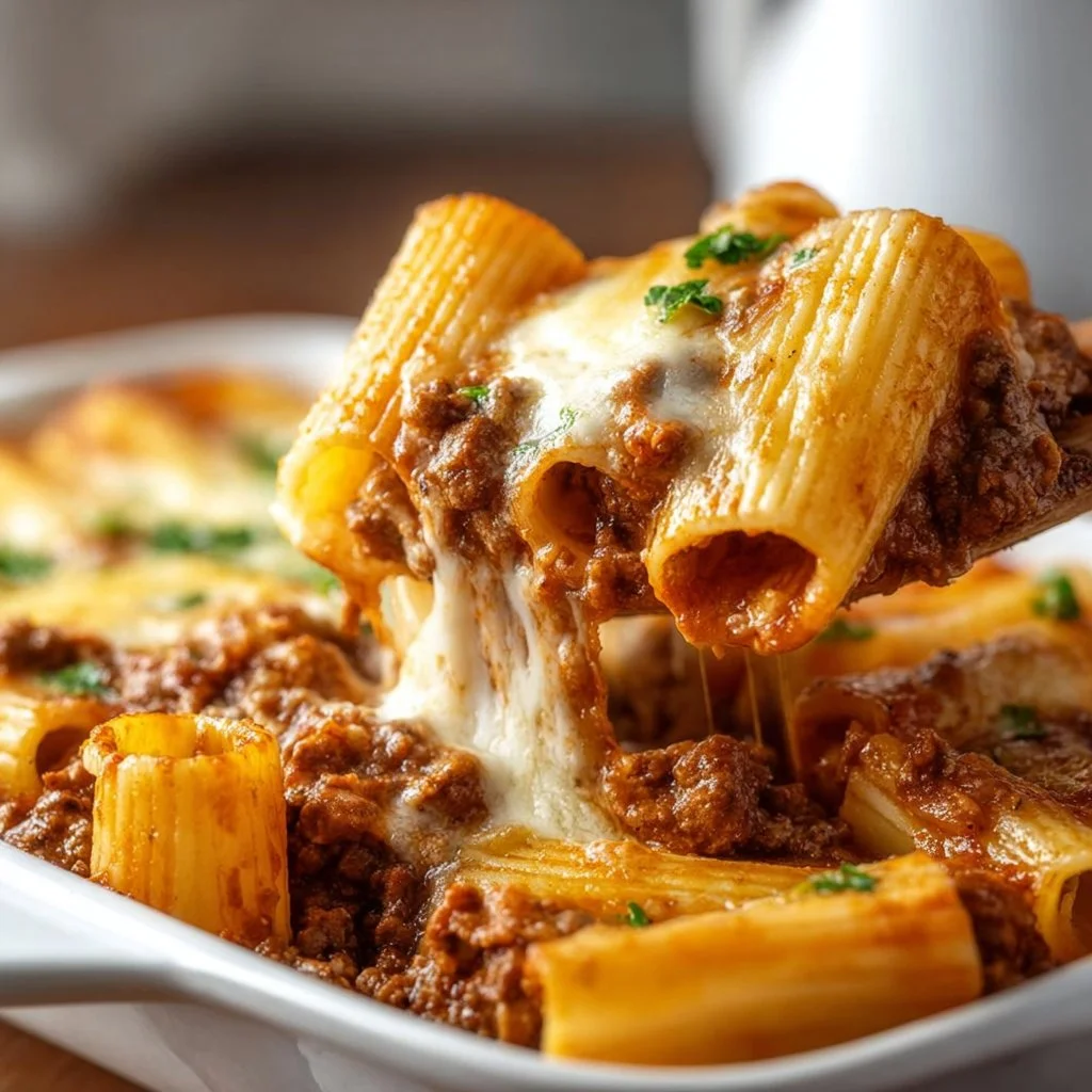 Baked rigatoni filled with beef ragu and topped with melted mozzarella cheese