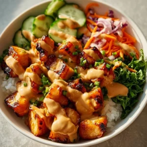 Delicious Bang Bang Chicken Bowl served with fresh vegetables and spicy sauce