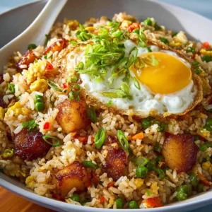 Bang Bang Fried Rice 3 Plate of Bang Bang Fried Rice garnished with herbs and veggies