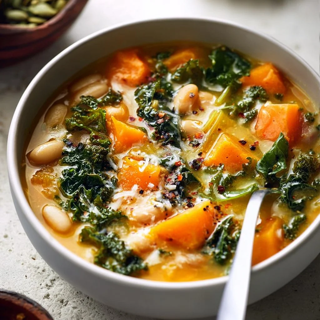 Delicious butternut squash soup with kale and white beans in a bowl
