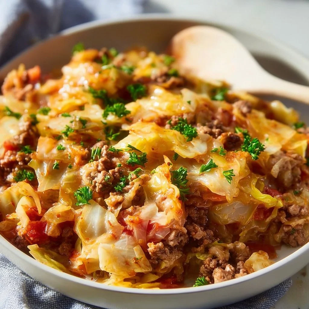 Delicious homemade cabbage casserole topped with cheese and breadcrumbs