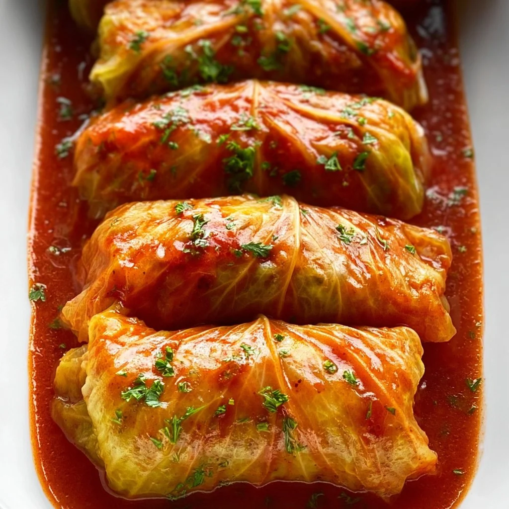Plate of homemade cabbage rolls stuffed with meat and rice