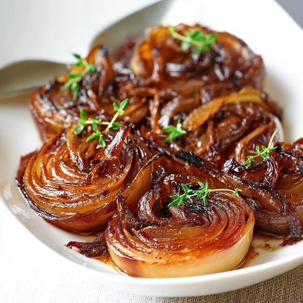 Plate of caramelized balsamic onions garnished for a gourmet touch.