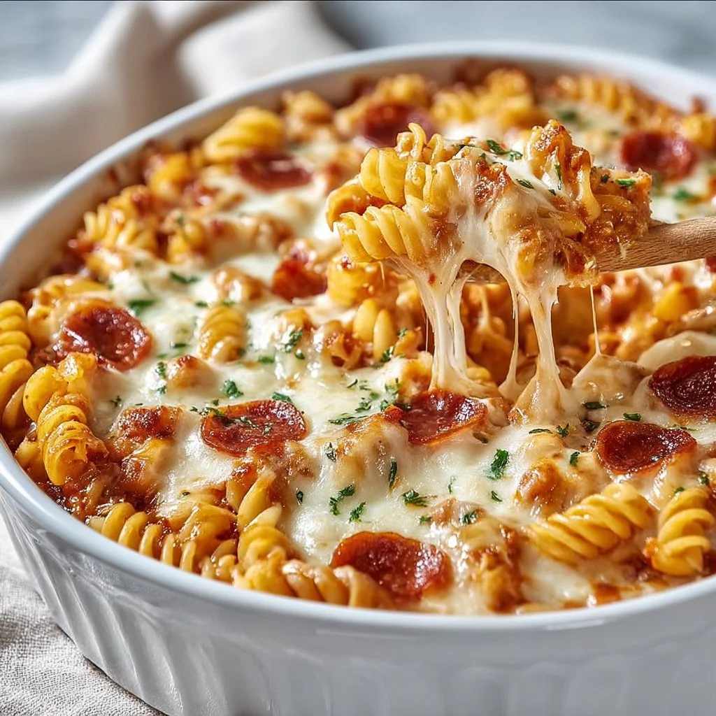 Cheesy pizza pasta casserole topped with melted cheese and pepperoni slices