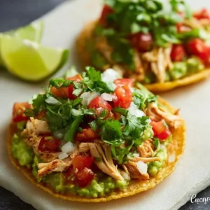Chicken, Guacamole and Bean Tostadas 4 Delicious Chicken Tostadas with guacamole and refried beans