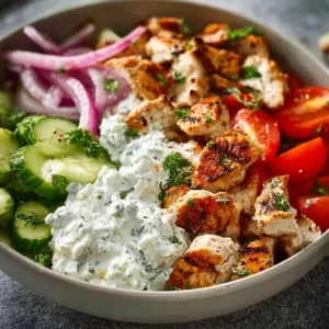 Chicken Tzatziki Bowls 4 Delicious Chicken Tzatziki Bowl with fresh ingredients and creamy sauce.