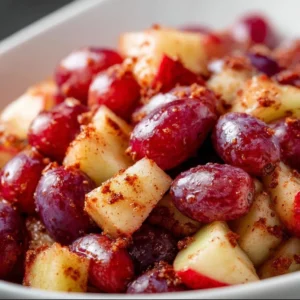 Cinnamon Apple Grape Salad 4 Delicious cinnamon apple grape salad in a bowl, garnished with mint leaves.