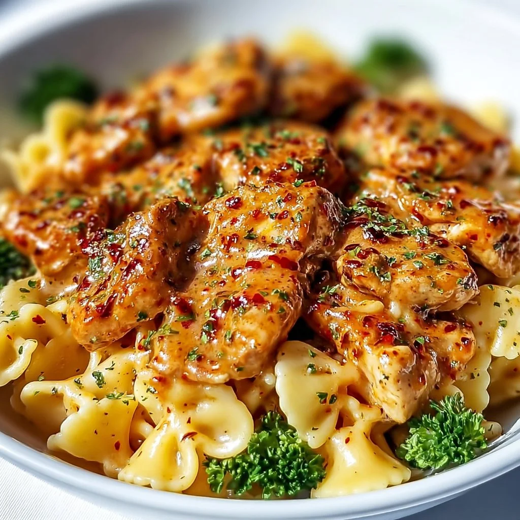 Plate of Cowboy Butter Chicken Pasta with vibrant colors and rich sauce.