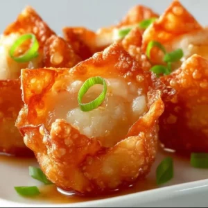 Crab Rangoon Bombs 4 Crispy Crab Rangoon Bombs stuffed with creamy crab filling, served as appetizers.