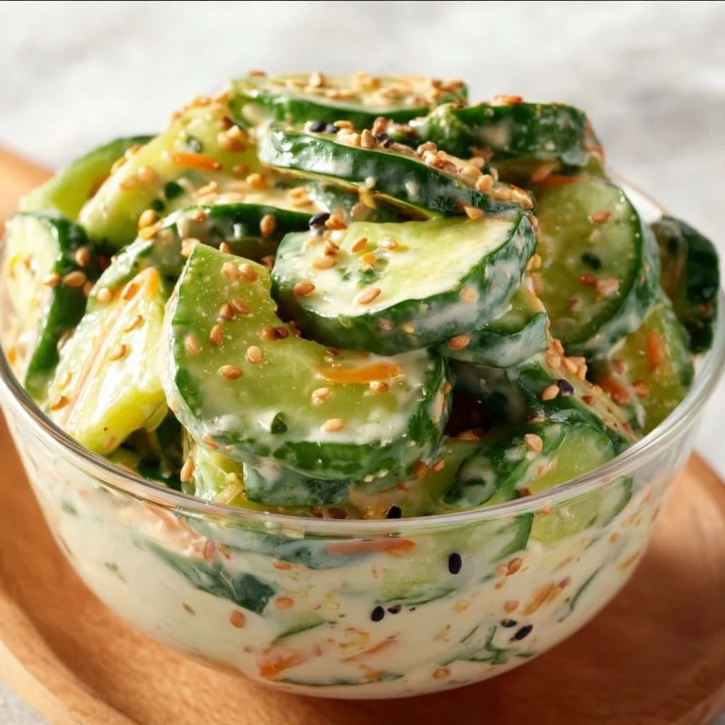 Creamy Asian cucumber salad bowl with fresh vegetables and dressing