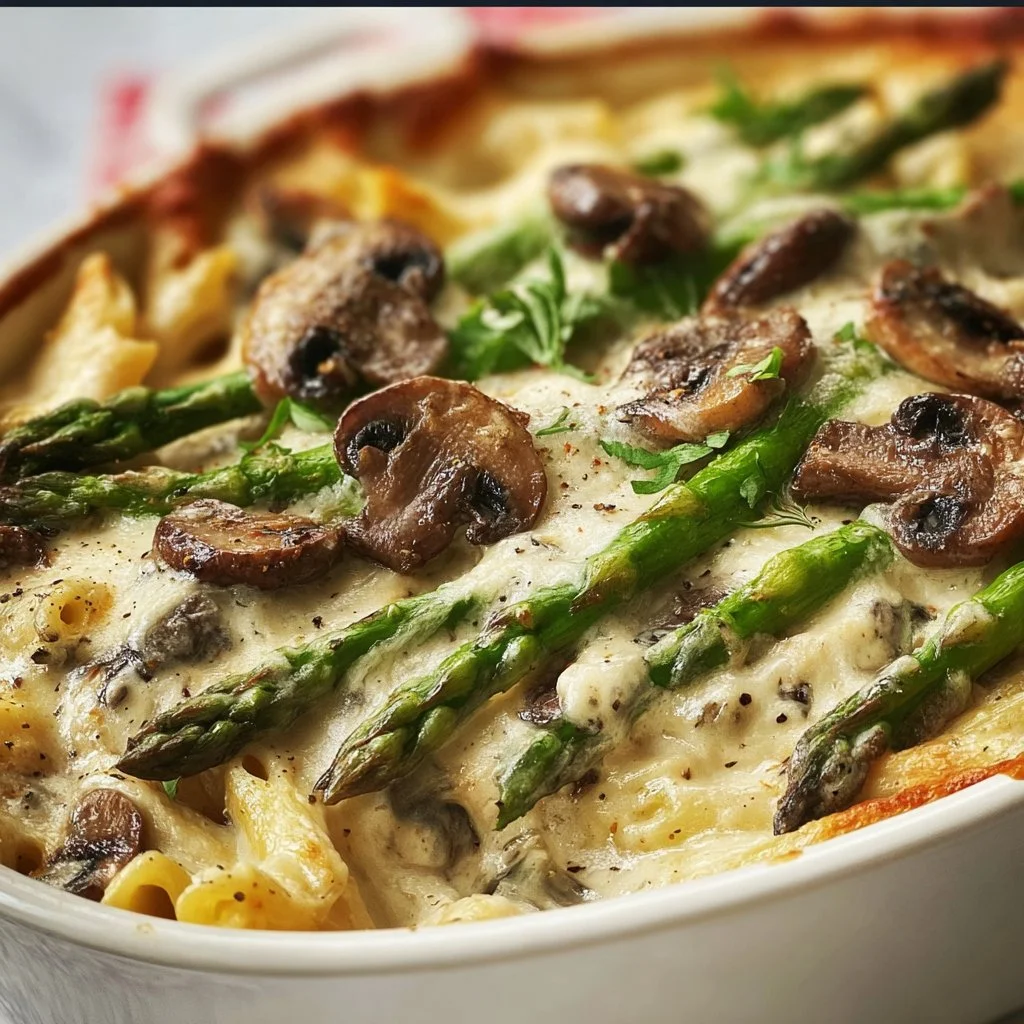 Creamy asparagus and mushroom bake dish topped with cheese and herbs.