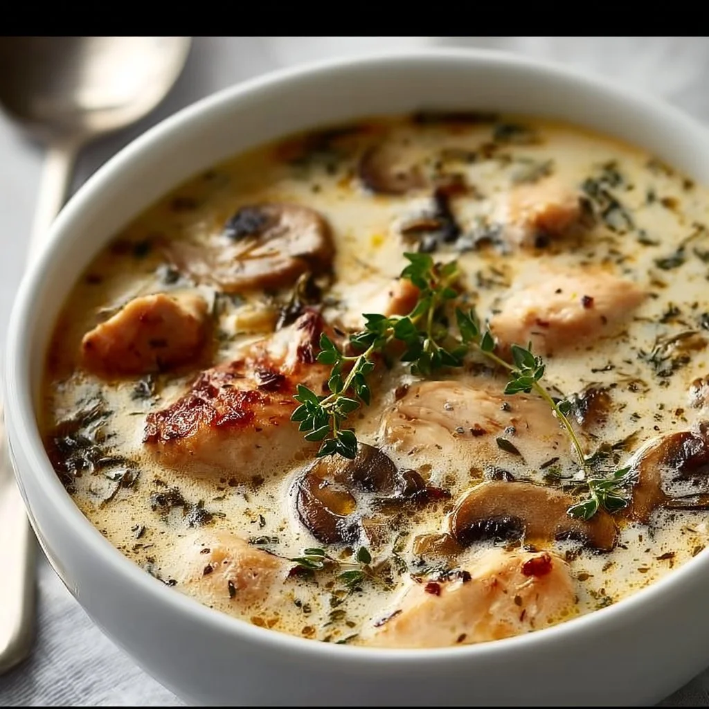 Delicious creamy chicken and mushroom soup in a bowl garnished with parsley.