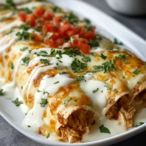 Creamy Queso Chicken Enchiladas 4 Plate of creamy queso chicken enchiladas garnished with cilantro and sour cream
