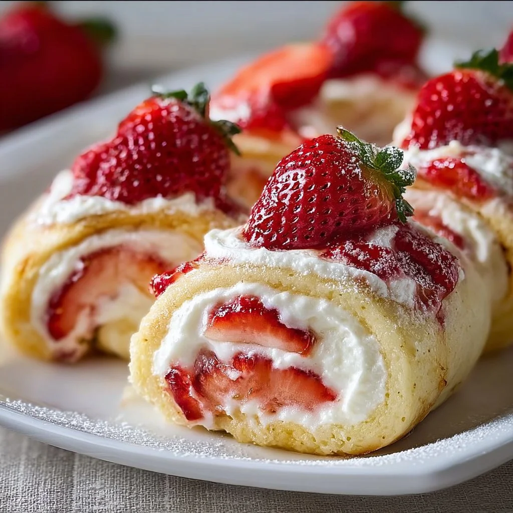 Creamy strawberry cheesecake rolls topped with fresh strawberries