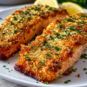 Crispy Baked Parmesan Crusted Salmon 4 Crispy Baked Parmesan Crusted Salmon served on a plate with lemon
