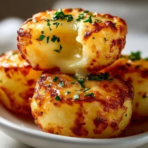 Crispy Cheesy Mashed Potato Bites 3 Crispy cheesy mashed potato bites served on a plate.