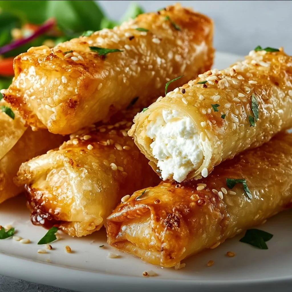 Plate of delicious crispy feta rolls garnished with herbs