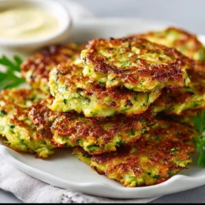 Crispy Zucchini Fritters 3 Plate of crispy zucchini fritters served with dipping sauce