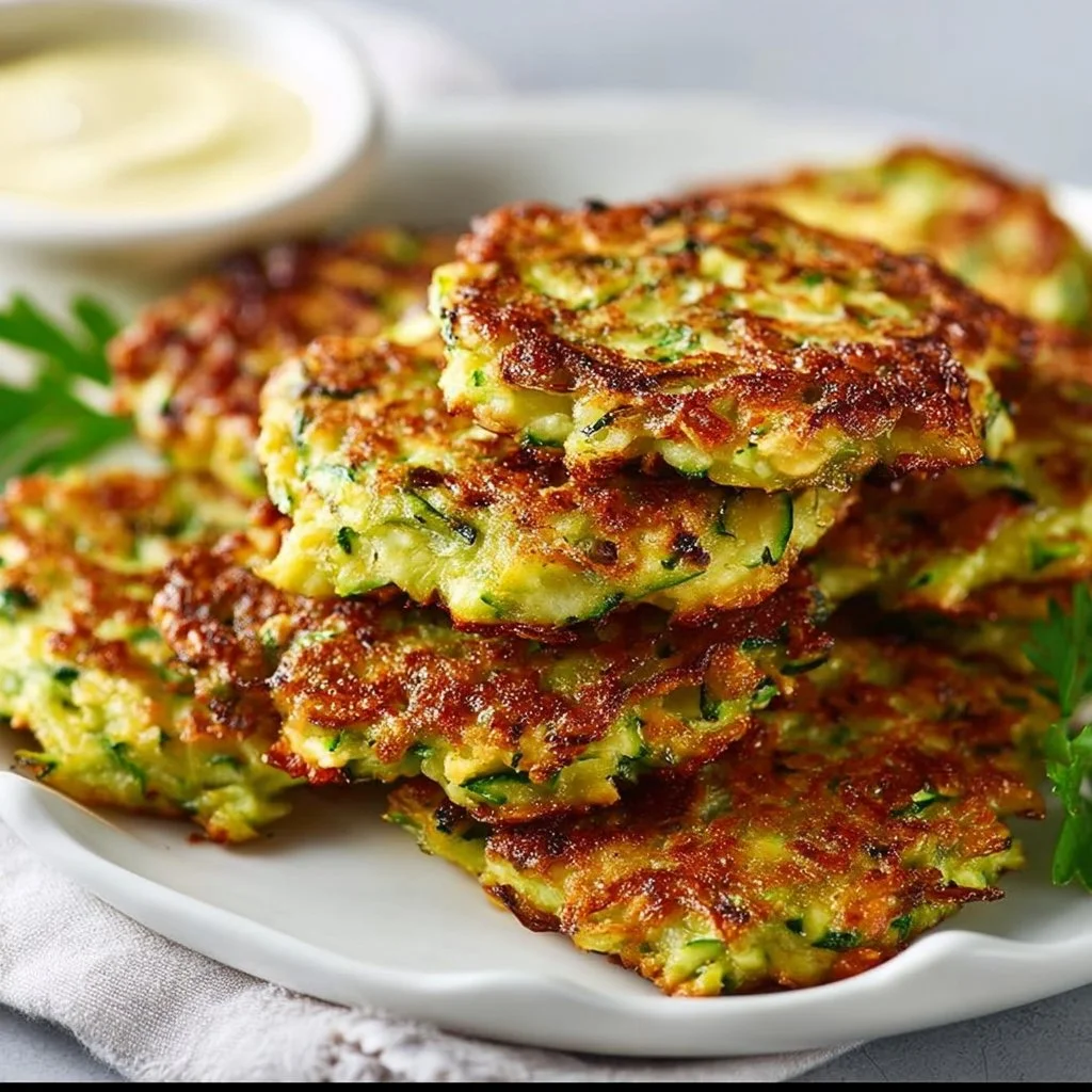 Plate of crispy zucchini fritters served with dipping sauce