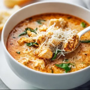 Crockpot Chicken Parmesan Soup served in a bowl with cheese and herbs