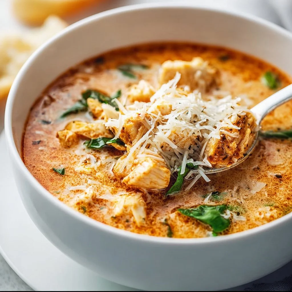 Crockpot Chicken Parmesan Soup served in a bowl with cheese and herbs