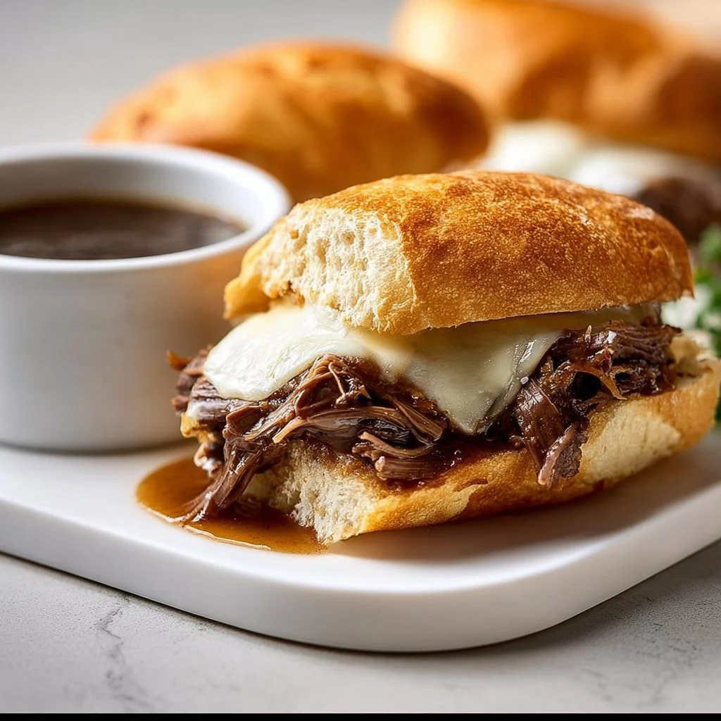 Delicious Crockpot French Dip Sandwiches served with dipping broth.