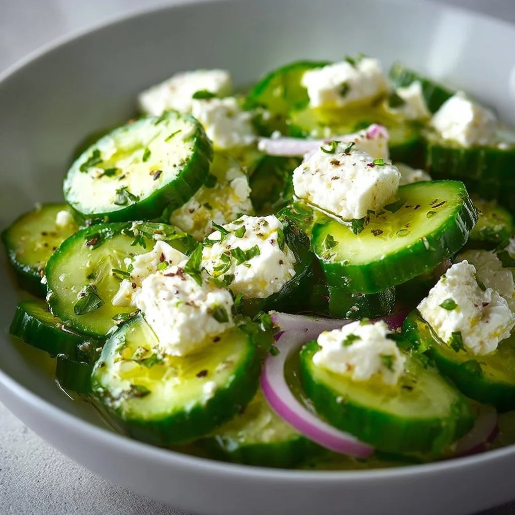 Delicious Cucumber Feta Salad with herbs and dressing