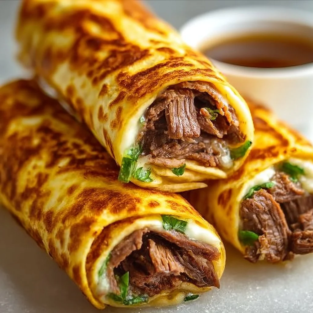 French Dip Tortilla Roll Ups served with dipping sauce