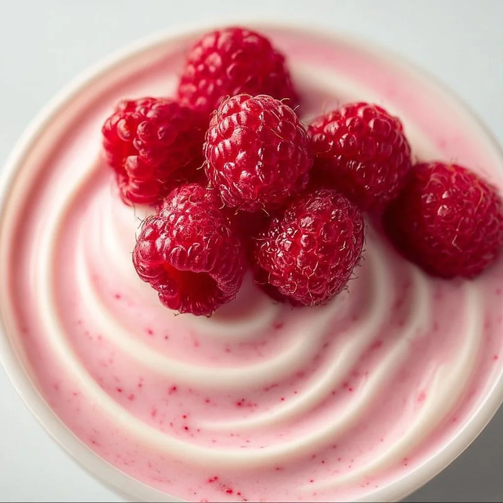 Fresh raspberry cloud mousse dessert topped with raspberries and cream
