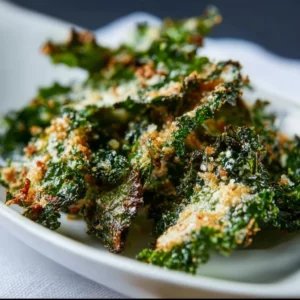 Crispy Garlic Parmesan Kale Chips on a plate, showcasing a healthy snack option
