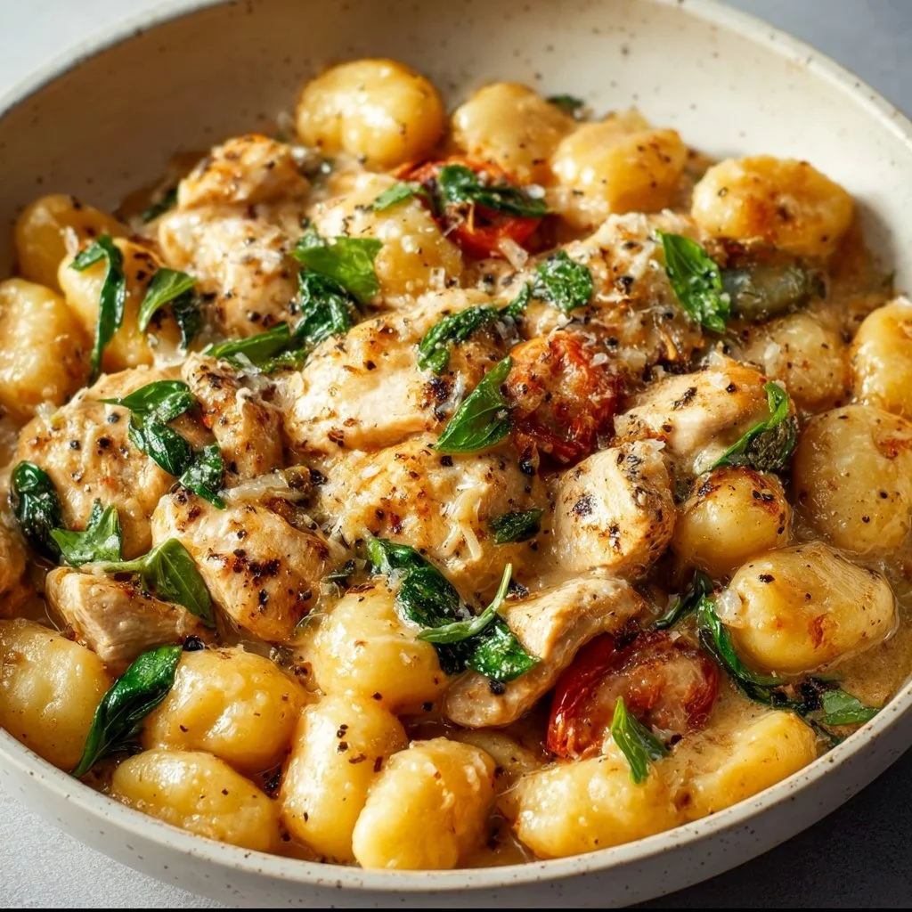 Creamy garlic chicken gnocchi skillet dish with herbs
