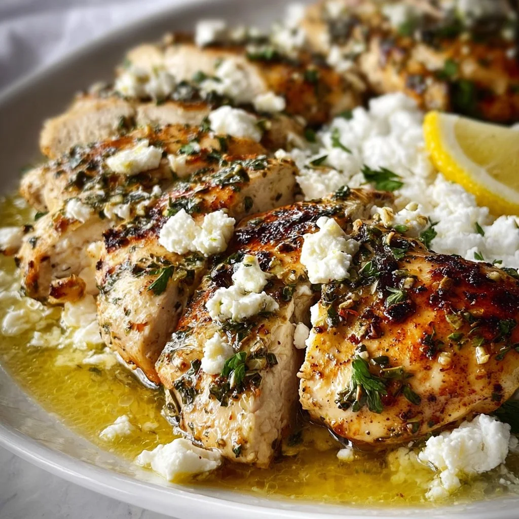 Greek chicken with lemon and feta garnished with herbs