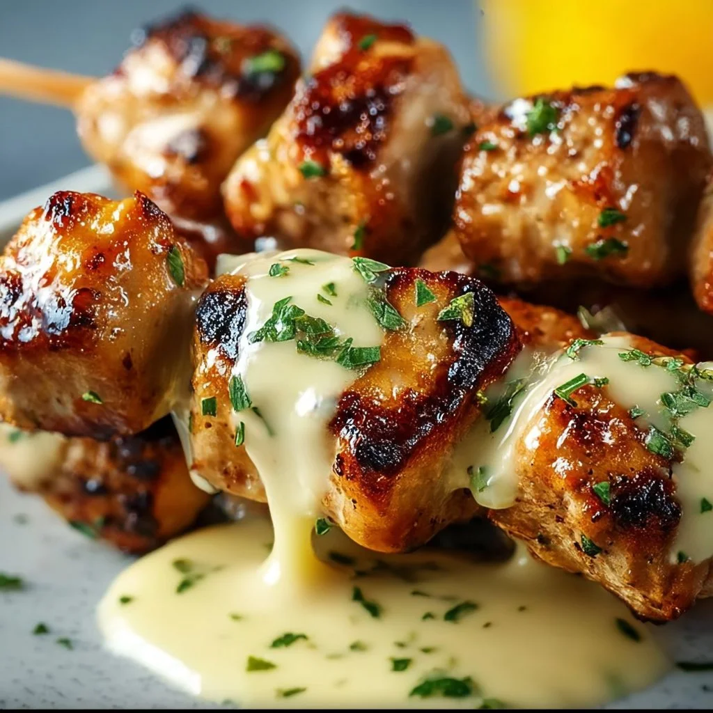 Grilled chicken bites served with creamy garlic sauce on a plate