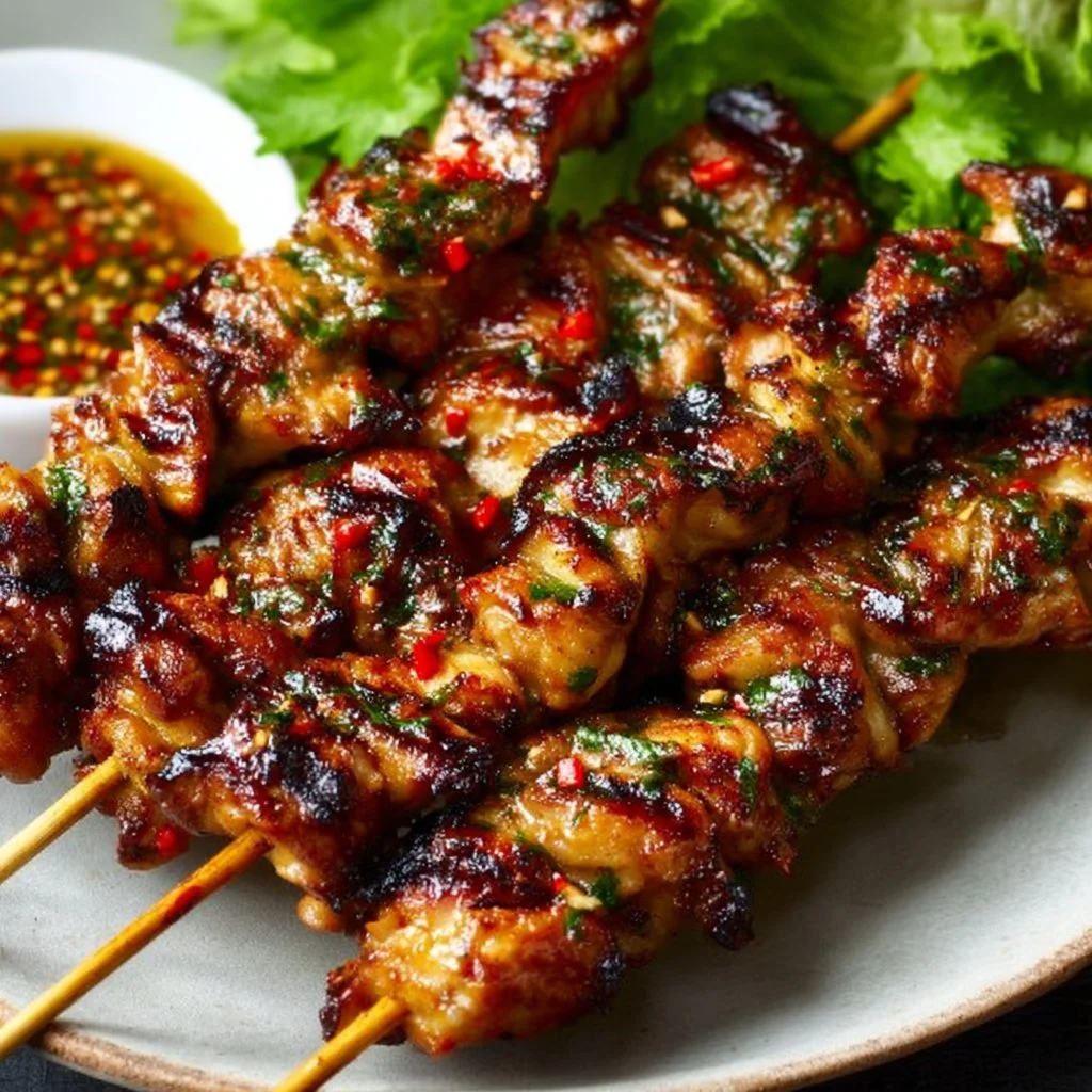 Grilled Thai Coconut Chicken Skewers served on a plate with dipping sauce
