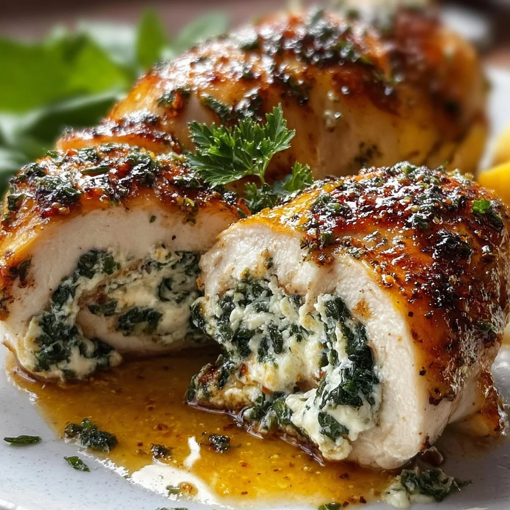 Herbed ricotta stuffed chicken rolls plated with fresh herbs and vegetables.