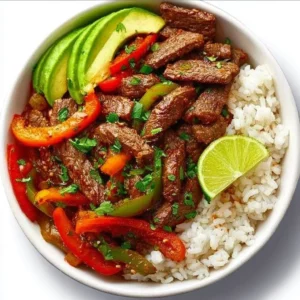 High Protein Steak Fajita Bowl 4 High protein steak fajita bowl with colorful vegetables and flavorful spices