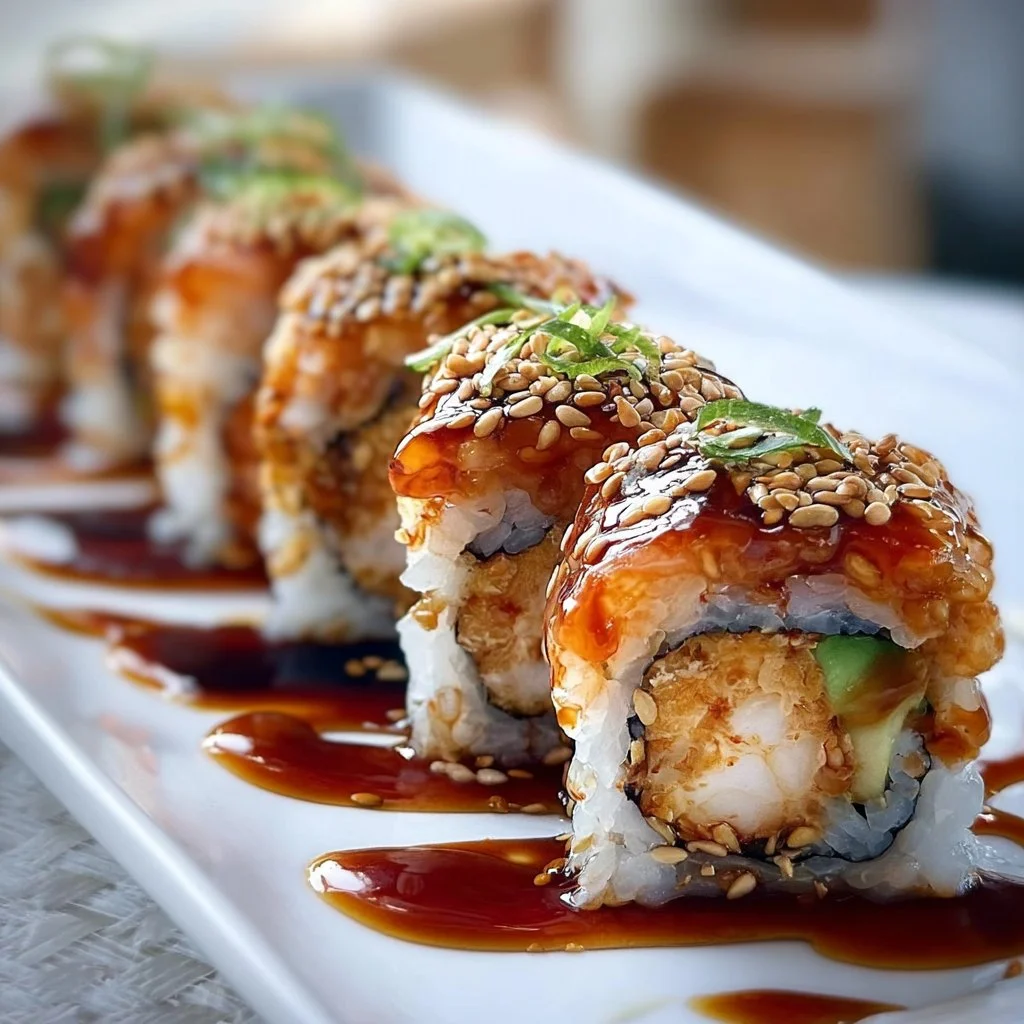 Plate of homemade dragon rolls with eel, avocado, and tempura flakes