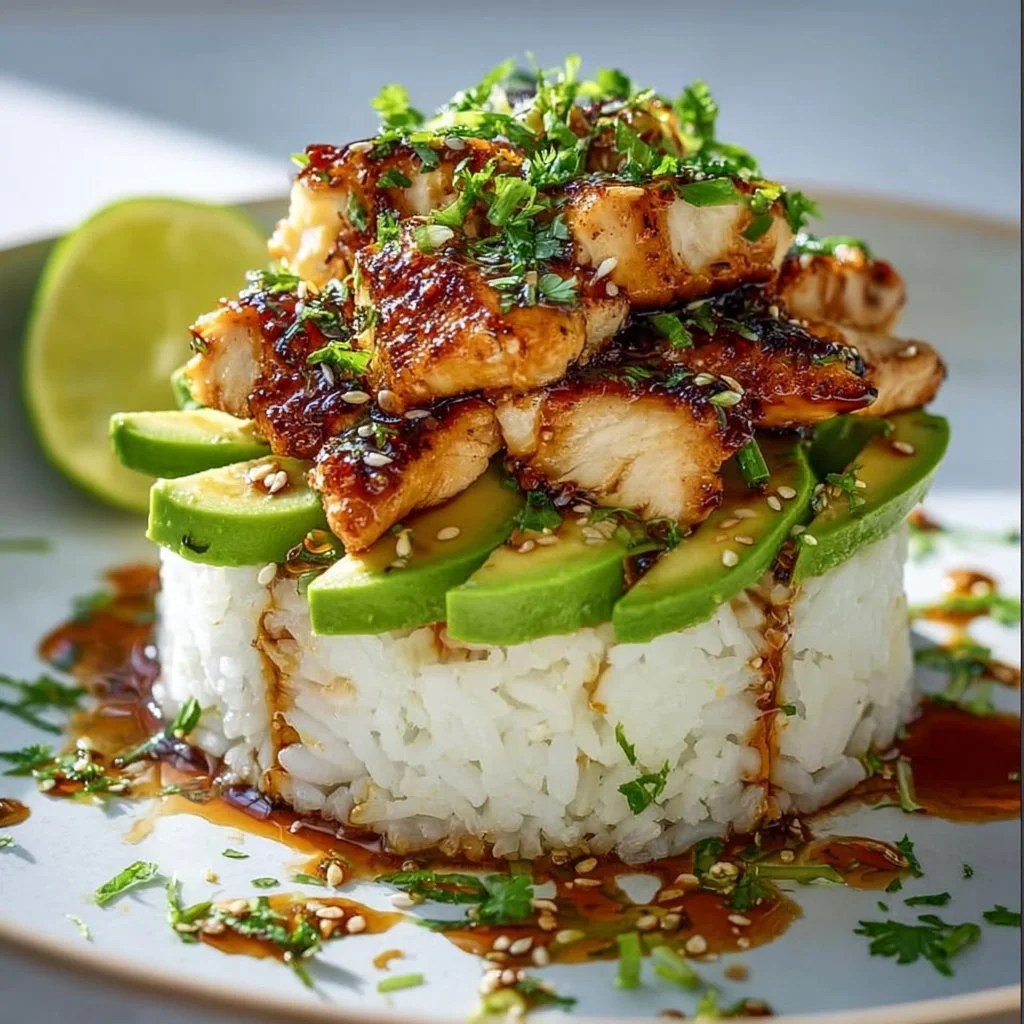 Honey Lime Chicken served with Avocado Rice Stack for a vibrant meal