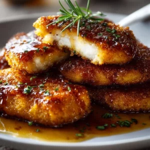 Hot Honey Chicken Cutlets 4 Hot Honey Chicken Cutlets served on a plate with herbs and spices