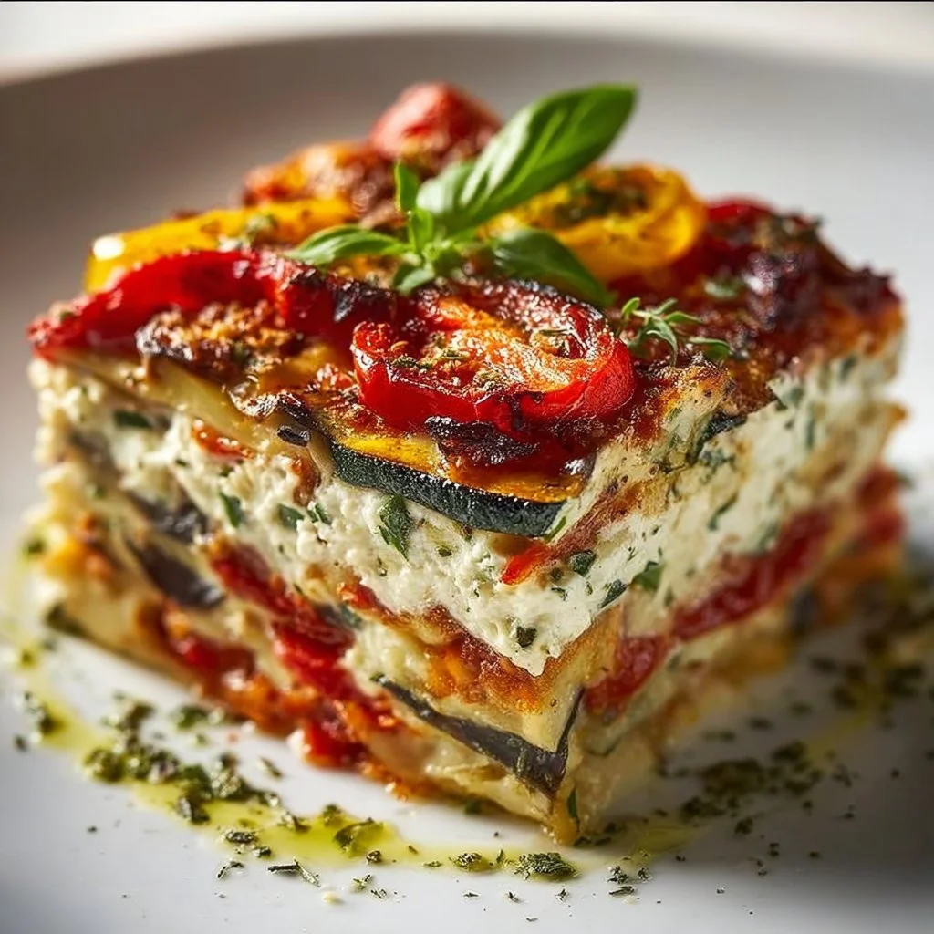 Layered Mediterranean Vegetable Lasagna with fresh vegetables and cheese