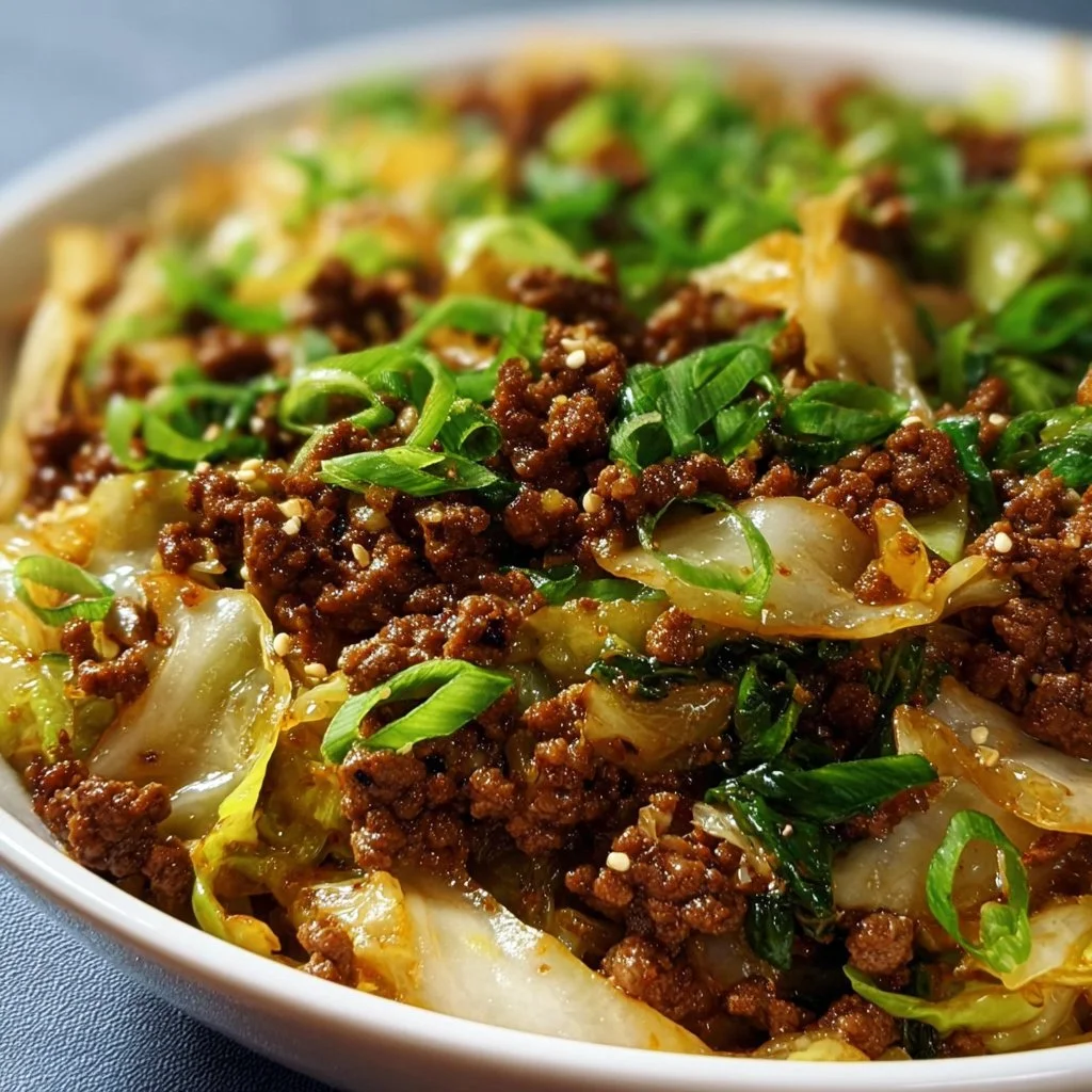 Low-Carb Mongolian Ground Beef served with sautéed cabbage on a plate.