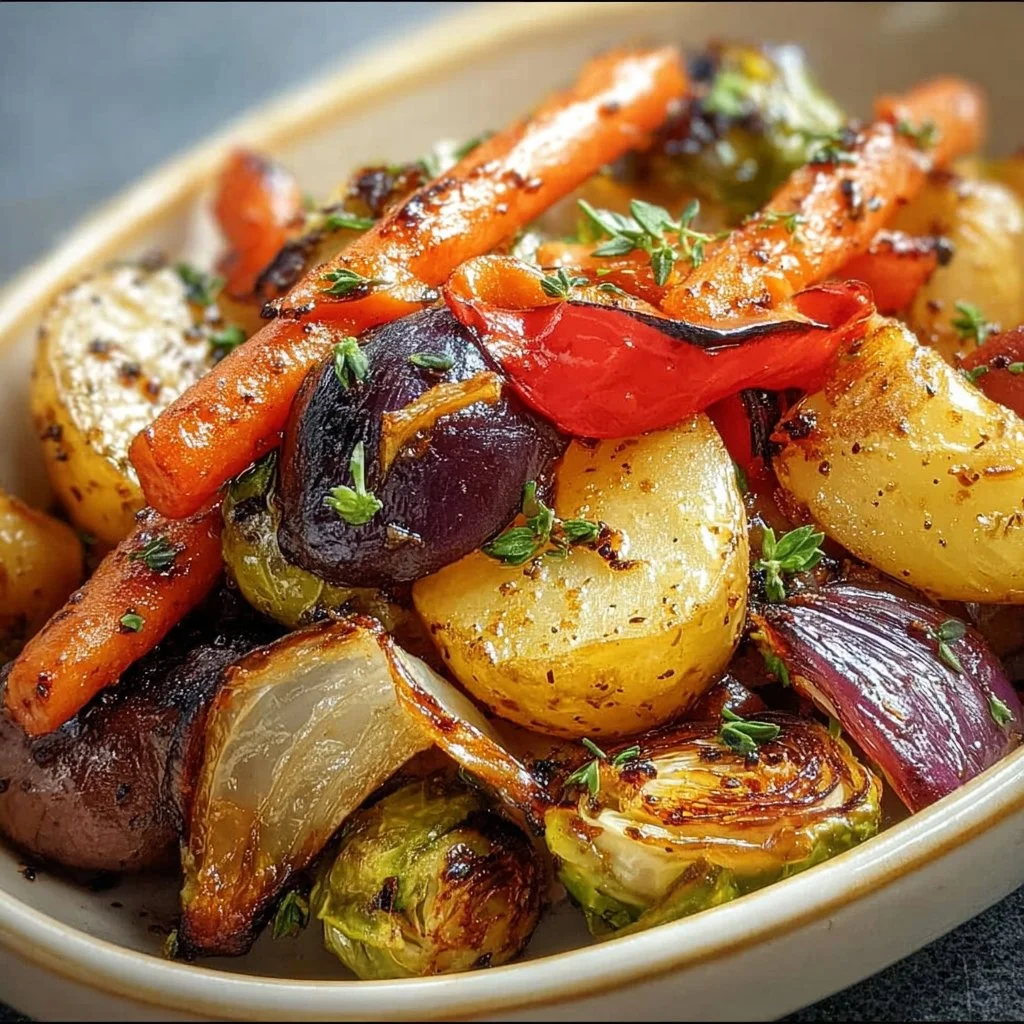 Maple Dijon Roasted Vegetables on a serving plate