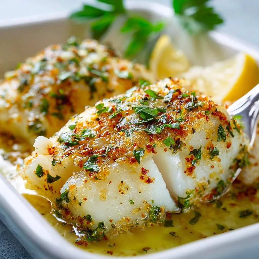 Mediterranean baked cod served with vegetables and herbs on a plate