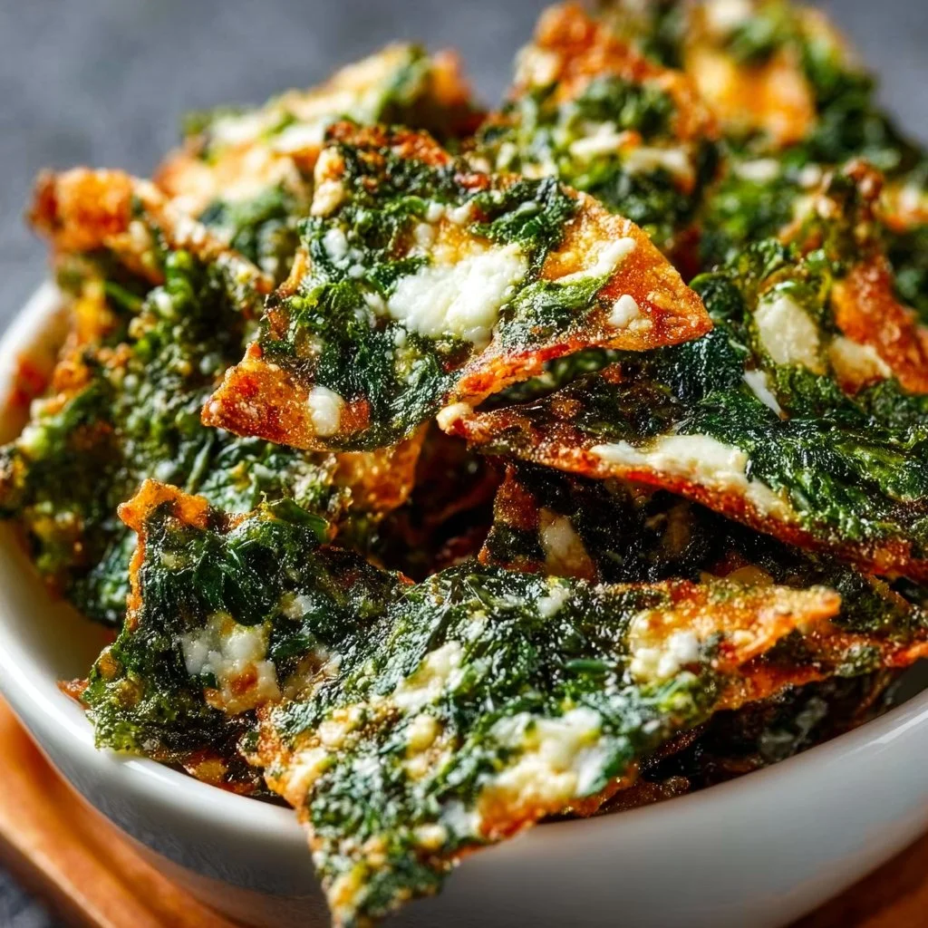 Crunchy Mediterranean spinach and feta crisps, a healthy snack option.