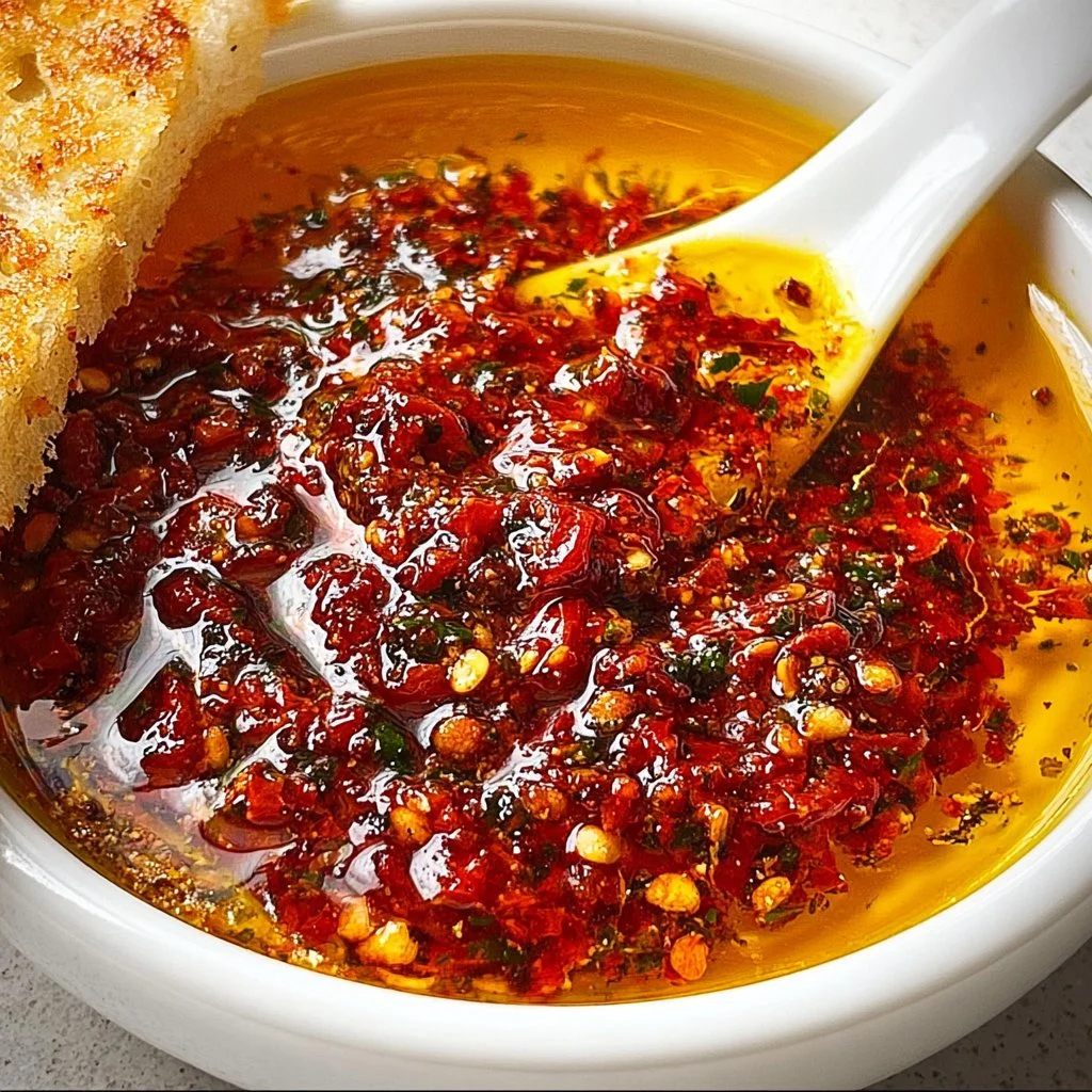 Mediterranean Sun Dried Tomato Garlic Olive Oil Dip served in a bowl with bread.